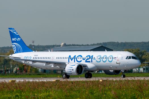 August 30, 2019. Zhukovsky, Russia. Promising Russian medium-range narrow-body passenger aircraft Irkut MC-21 at the International Aviation and Space Salon MAKS 2019.