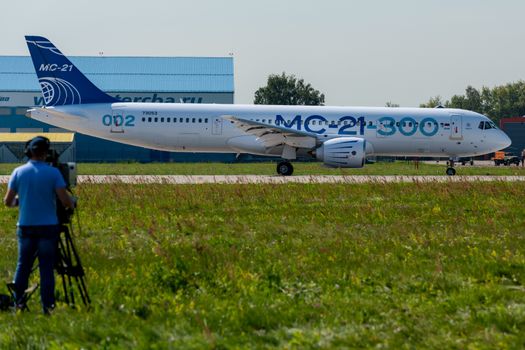 August 30, 2019. Zhukovsky, Russia. Promising Russian medium-range narrow-body passenger aircraft Irkut MC-21 at the International Aviation and Space Salon MAKS 2019.