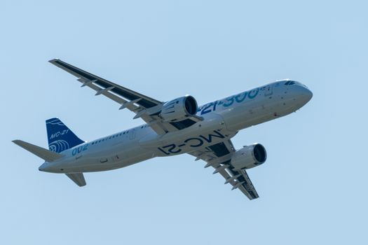 August 30, 2019. Zhukovsky, Russia. Promising Russian medium-range narrow-body passenger aircraft Irkut MC-21 at the International Aviation and Space Salon MAKS 2019.