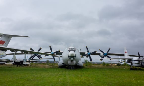 July 18, 2018, Moscow region, Russia. Soviet military transport aircraft Antonov An-22 "Antei" at the Central Museum of the Russian Air Force in Monino.