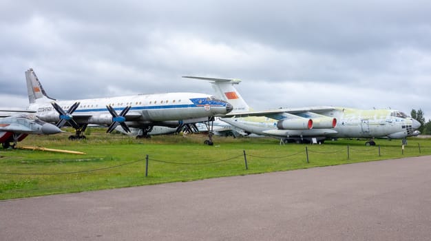 July 18, 2018, Moscow region, Russia. Soviet turboprop passenger aircraft Tupolev Tu-114 at the Central Museum of the Russian Air Force in Monino.