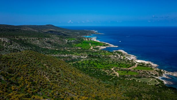 Green mountainous coast of the Mediterranean Sea on the Akamas Peninsula in the northwest of the island of Cyprus.