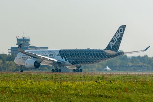 August 30, 2019. Zhukovsky, Russia. long-range wide-body twin-engine passenger aircraft Airbus A350-900 XWB Airbus Industrie at the International Aviation and Space Salon MAKS 2019.