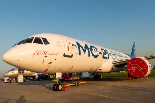 August 30, 2019. Zhukovsky, Russia. Promising Russian medium-range narrow-body passenger aircraft Irkut MC-21 at the International Aviation and Space Salon MAKS 2019.