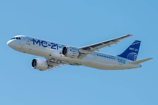 August 30, 2019. Zhukovsky, Russia. Promising Russian medium-range narrow-body passenger aircraft Irkut MC-21 at the International Aviation and Space Salon MAKS 2019.