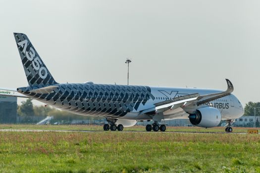 August 30, 2019. Zhukovsky, Russia. long-range wide-body twin-engine passenger aircraft Airbus A350-900 XWB Airbus Industrie at the International Aviation and Space Salon MAKS 2019.