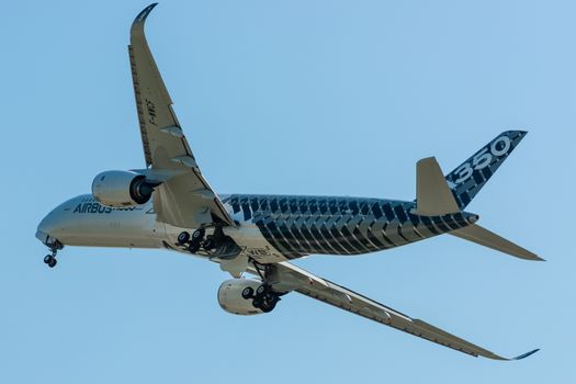 August 30, 2019. Zhukovsky, Russia. long-range wide-body twin-engine passenger aircraft Airbus A350-900 XWB Airbus Industrie at the International Aviation and Space Salon MAKS 2019.