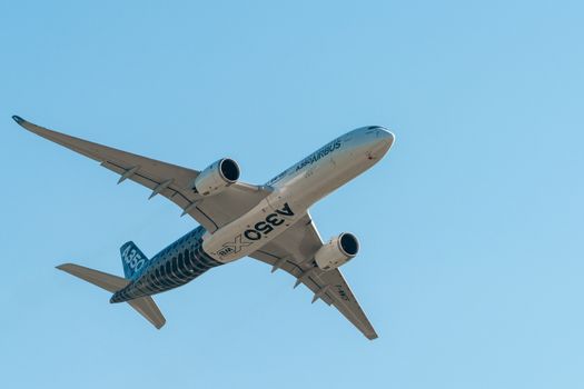 August 30, 2019. Zhukovsky, Russia. long-range wide-body twin-engine passenger aircraft Airbus A350-900 XWB Airbus Industrie at the International Aviation and Space Salon MAKS 2019.
