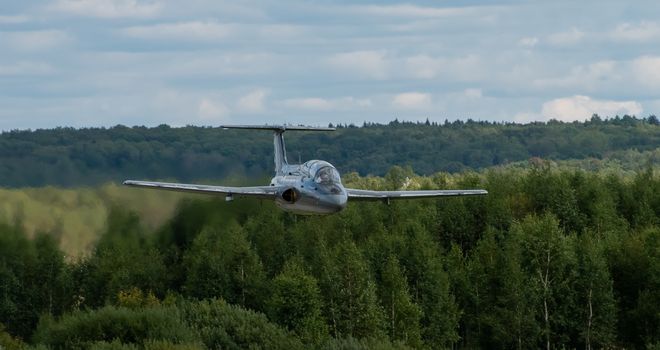 September 12, 2020, Kaluga region, Russia. The Aero L-29 Delfin training aircraft performs a training flight at the Oreshkovo airfield.