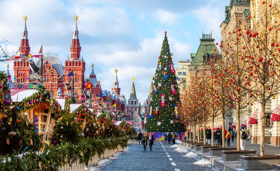 February 5, 2020 Moscow, Russia, New Year tree on Red Square in Moscow on a clear frosty day.