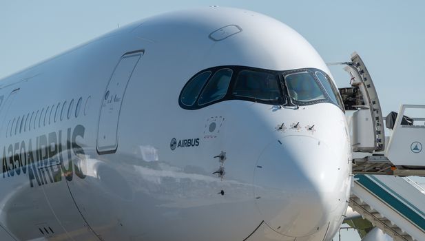 August 30, 2019. Zhukovsky, Russia. long-range wide-body twin-engine passenger aircraft Airbus A350-900 XWB Airbus Industrie at the International Aviation and Space Salon MAKS 2019.