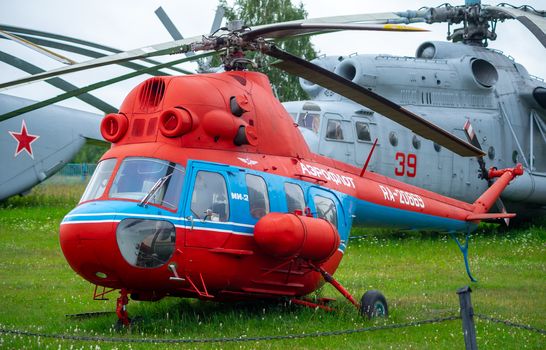 July 18, 2018, Moscow region, Russia. Small, lightly armed turbine-powered transport helicopter Mil Mi-2 at the Central Museum of the Russian Air Force in Monino.