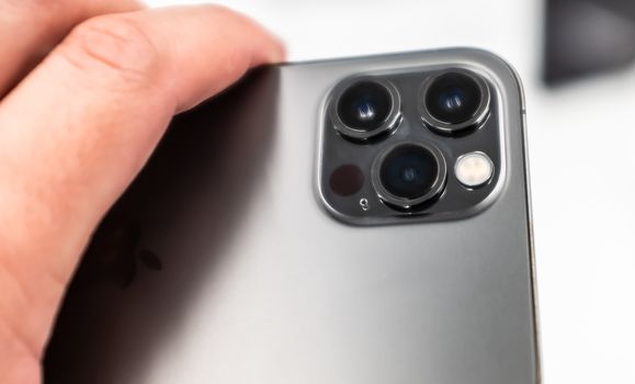October 23, 2020, Moscow, Russia. New smartphone from Apple Iphone 12 pro on the counter of the store.
