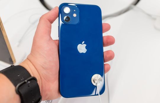 October 23, 2020, Moscow, Russia. New smartphone from Apple Iphone 12 on the counter of the store.