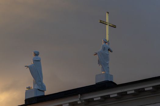 April 27, 2018 Vilnius, Lithuania. Sculptures on the roof of the Cathedral of St. Stanislav in Vilnius.