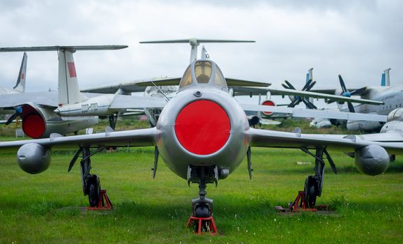 July 18, 2018, Moscow region, Russia.  Jet fighter aircraft Mikoyan-Gurevich MiG-15 at the Central Museum of the Russian Air Force in Monino.