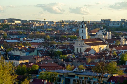 April 27, 2018 Vilnius, Lithuania. View of the old city of Vilnius from Three Cross Mountain.
