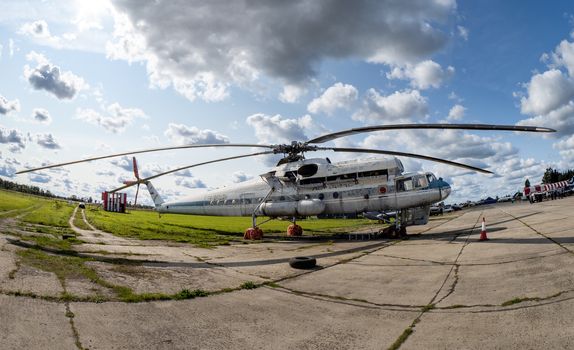 September 12, 2020, Kaluga region, Russia.  Military transport helicopter (flying crane) Mil Mi-10 at the Oreshkovo airfield.