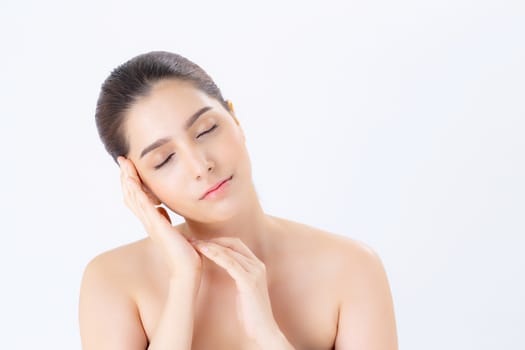 Portrait of beautiful woman makeup of cosmetic, girl hand touch cheek and smile attractive, face of beauty perfect with wellness isolated on white background with skin healthcare concept.
