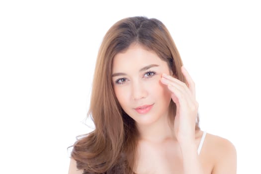 Portrait of beautiful woman makeup of cosmetic, girl hand touch cheek and smile attractive, face of beauty perfect with wellness isolated on white background with skin healthcare concept.