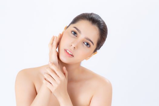 Portrait of beautiful woman makeup of cosmetic, girl hand touch cheek and smile attractive, face of beauty perfect with wellness isolated on white background with skin healthcare concept.