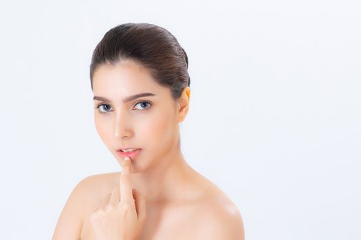 Portrait of beautiful woman makeup of cosmetic, girl hand touch mouth and smile attractive, face of beauty perfect with wellness isolated on white background with skin healthcare concept.