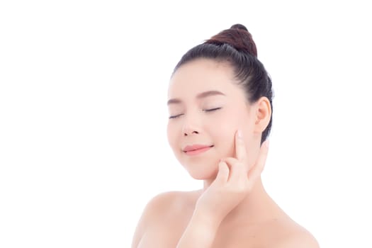 Portrait of beautiful woman makeup of cosmetic, girl hand touch cheek and smile attractive, face of beauty perfect with wellness isolated on white background with skin healthcare concept.