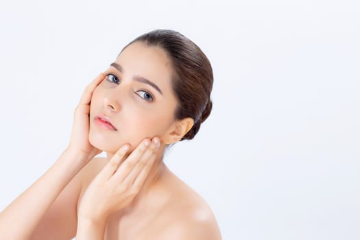 Portrait of beautiful woman makeup of cosmetic, girl hand touch cheek and smile attractive, face of beauty perfect with wellness isolated on white background with skin healthcare concept.