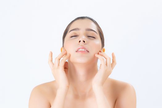Portrait of beautiful woman makeup of cosmetic, girl hand touch cheek and smile attractive, face of beauty perfect with wellness isolated on white background with skin healthcare concept.