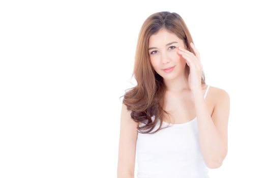 Portrait of beautiful woman makeup of cosmetic, girl hand touch cheek and smile attractive, face of beauty perfect with wellness isolated on white background with skin healthcare concept.
