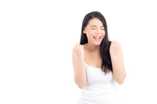 Portrait of beautiful asian woman makeup of cosmetic, beauty of girl with face smile and gesture glad attractive isolated on white background, success perfect with wellness and healthcare concept.