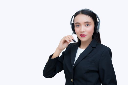 Beautiful asian woman smiling customer service talking on headset. Business concept.