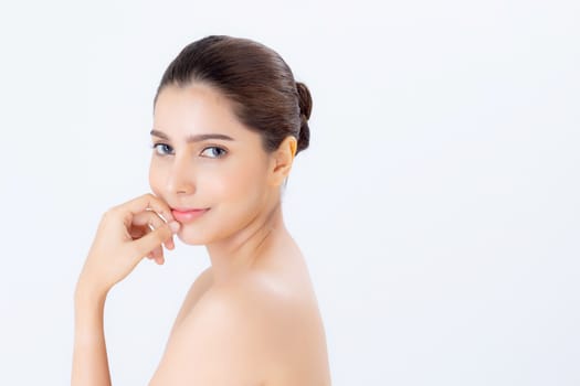 Portrait of beautiful woman makeup of cosmetic, girl hand touch month and smile attractive, face of beauty perfect with wellness isolated on white background with skin healthcare concept.