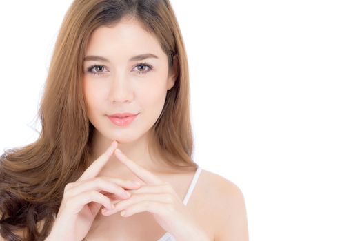 Portrait of beautiful woman makeup of cosmetic, girl hand touch chin and smile attractive, face of beauty perfect with wellness isolated on white background with skin healthcare concept.