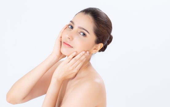 Portrait of beautiful woman makeup of cosmetic, girl hand touch cheek and smile attractive, face of beauty perfect with wellness isolated on white background with skin healthcare concept.