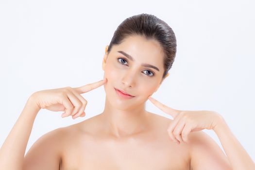 Portrait of beautiful woman makeup of cosmetic, girl hand touch cheek and smile attractive, face of beauty perfect with wellness isolated on white background with skin healthcare concept.