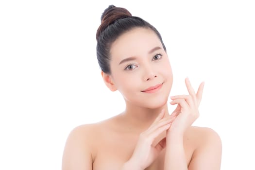 Portrait of beautiful woman makeup of cosmetic, girl hand touch and smile attractive, face of beauty perfect with wellness isolated on white background with skin healthcare concept.