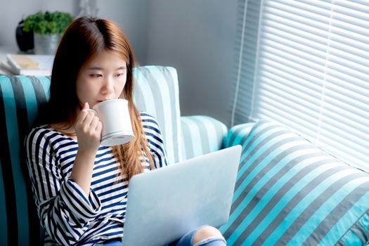 Beautiful of portrait young asian woman sitting use credit card with laptop and drink coffee, Content girl shopping online and payment with notebook computer on sofa, lifestyle concept.