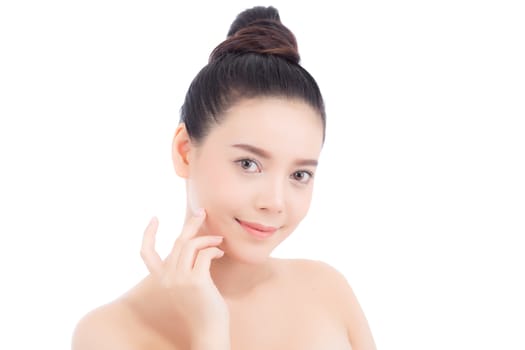 Portrait of beautiful woman asian makeup of cosmetic, girl hand touch cheek and smile attractive, face of beauty perfect with wellness isolated on white background with skin healthcare concept.