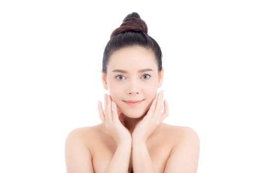 Portrait of beautiful woman asian makeup of cosmetic, girl hand touch cheek and smile attractive, face of beauty perfect with wellness isolated on white background with skin healthcare concept.