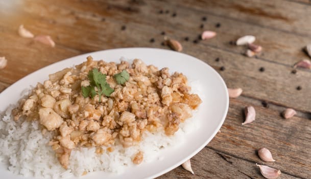 Fried Chicken with Garlic on Rice.  Thai food concept