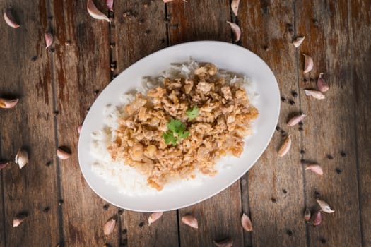 Fried Chicken with Garlic on Rice.  Thai food concept