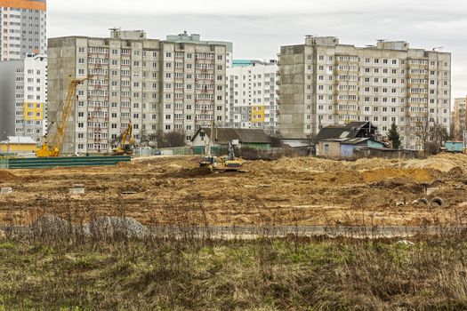 Belarus, Minsk - 21.04.201: Demolition of the private sector and construction of a new microdistrict with high-rise buildings