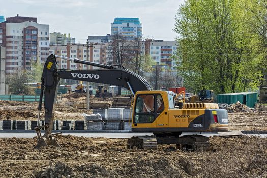 Belarus, Minsk - 06.05.2017: Excavator VOLVO EC120Balk on the construction site