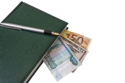 On the diary is a fountain pen. Between the pages of the diary you can see parts of $ 50, 50 euros and 1000 Russian rubles
