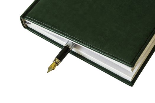 From a closed diary, you can see the fountain pen on a white background