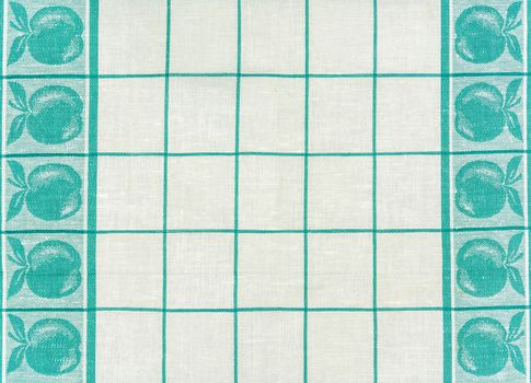 Texture of cotton fabric with strips of green and silhouette of apples