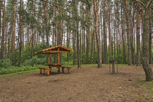 In the forest on the meadow there is a brazier and a wooden gazebo for outdoor recreation
