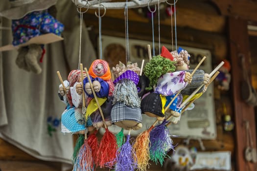 Belarus, Dudutki - 11/07/2017: Folk art. Baba yaga sewn from fabric