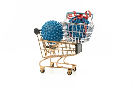 Virus molecule on a shopping cart and basket conceptual of the possibility of infection with corona virus or Covid-19 over a white background